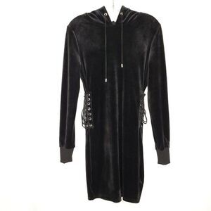 Rue 21 Velvet Dress Hooded M Bodycon Witchy Side Grommets Ties Long Sleeve Black